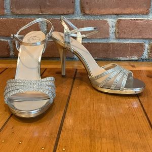sparkly open toed heels.  Ankle strap, delicate jeweled design silver size 10